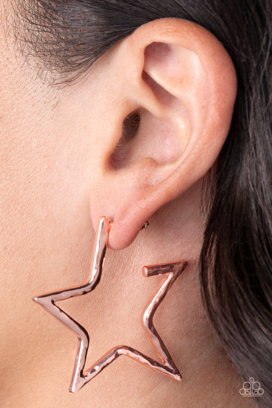 All-Star Attitude Copper Earring - Paparazzi Accessories  A hammered shiny copper bar delicately folds into a star-shaped hoop, resulting in a stellar metallic shimmer. Earring attaches to a standard post fitting.  Sold as one pair of hoop earrings.