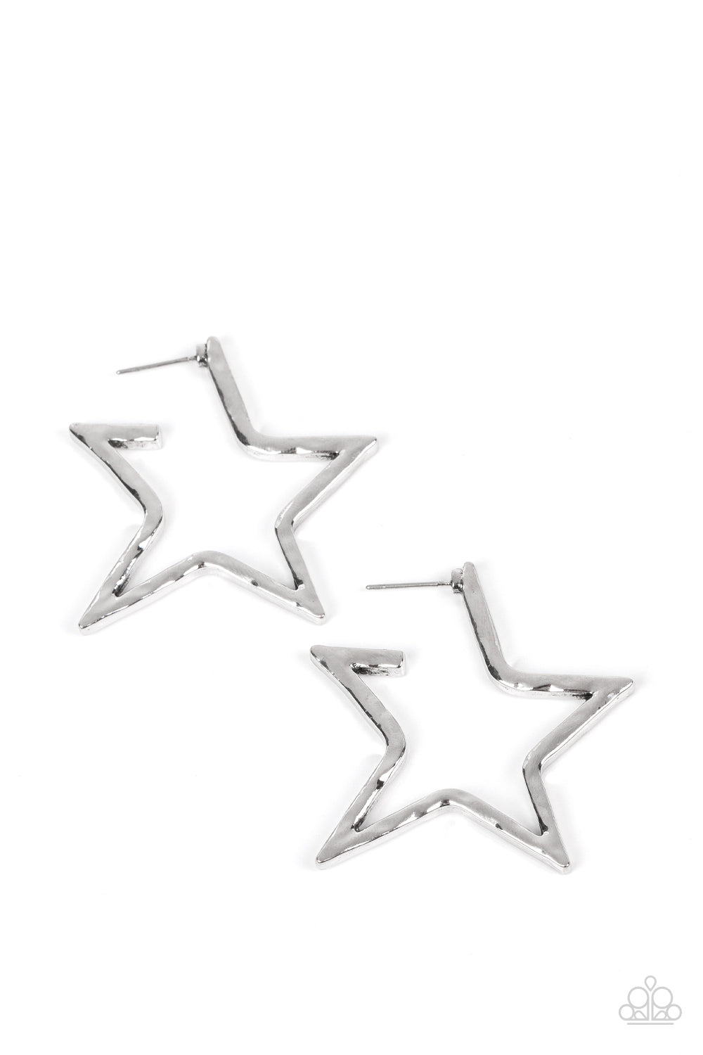 All-Star Attitude Silver Hoop Earring - Paparazzi Accessories  A hammered silver bar delicately folds into a star-shaped hoop, resulting in a stellar metallic shimmer. Earring attaches to a standard post fitting.  Sold as one pair of hoop earrings.