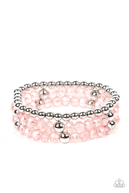 Prismatic Perceptions Pink Stretch Bracelet - Paparazzi Accessories  A playful collection of shiny silver beads and sparkly Gossamer Pink crystal-like beads are threaded along stretchy bands around the wrist, resulting in colorful layers.  Featured inside The Preview at GLOW! Sold as one set of three bracelets.