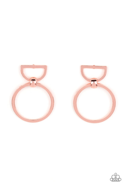CONTOUR Guide Copper Post Earring - Paparazzi Accessories  A flat shiny copper hoop is threaded through a shiny copper fitting along the bottom of an airy shiny copper half moon frame, resulting in a simplistic shimmer. Earring attaches to a standard post fitting.  Sold as one pair of post earrings.  P5PO-CPSH-052XX