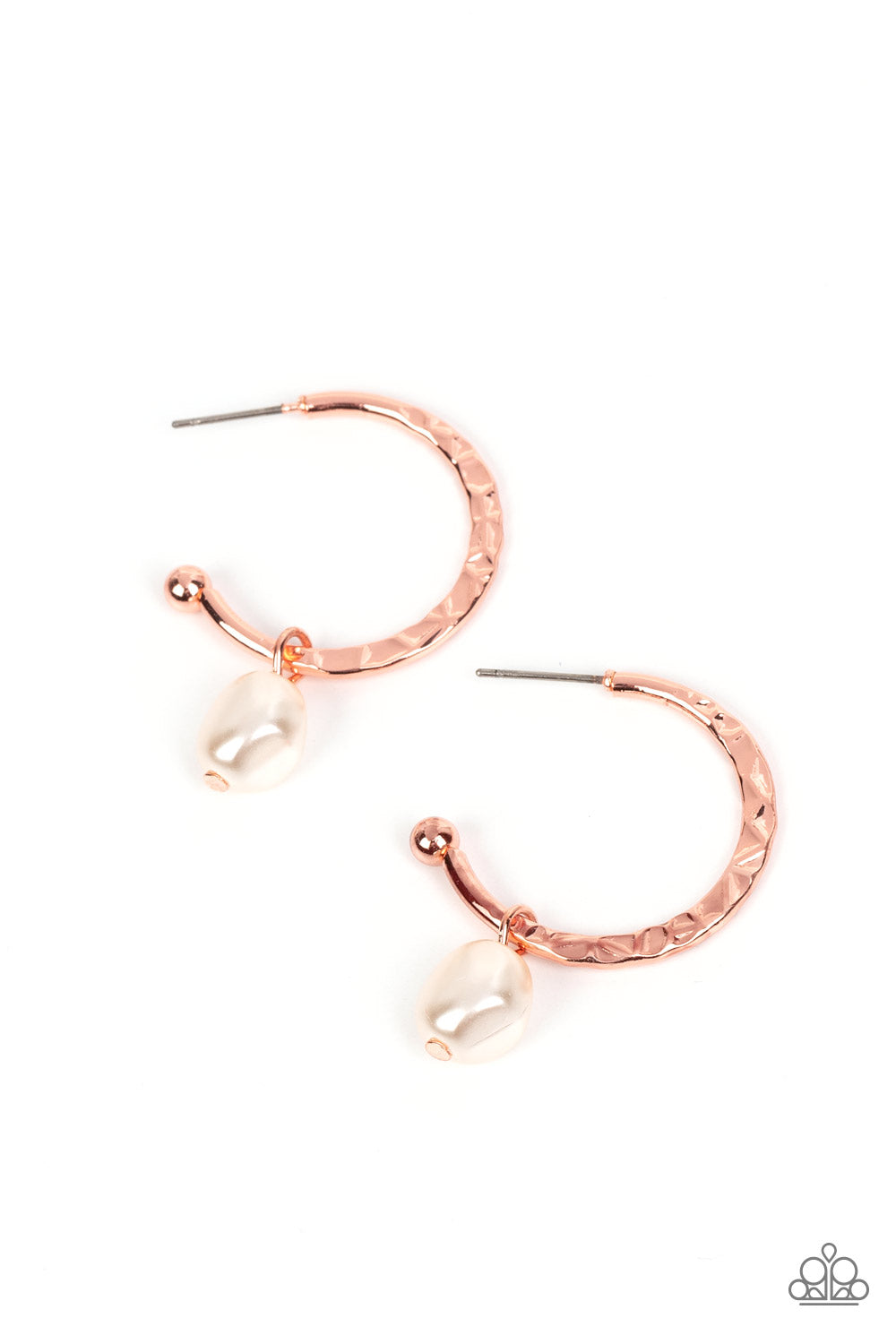 GLAM Overboard Copper Hoop Earring - Paparazzi Accessories  An imperfect white pearl glides along a hammered shiny copper hoop, creating a timeless twist. Earring attaches to a standard post fitting. Hoop measures approximately 1" in diameter.  Sold as one pair of hoop earrings.  P5HO-CPSH-159XX