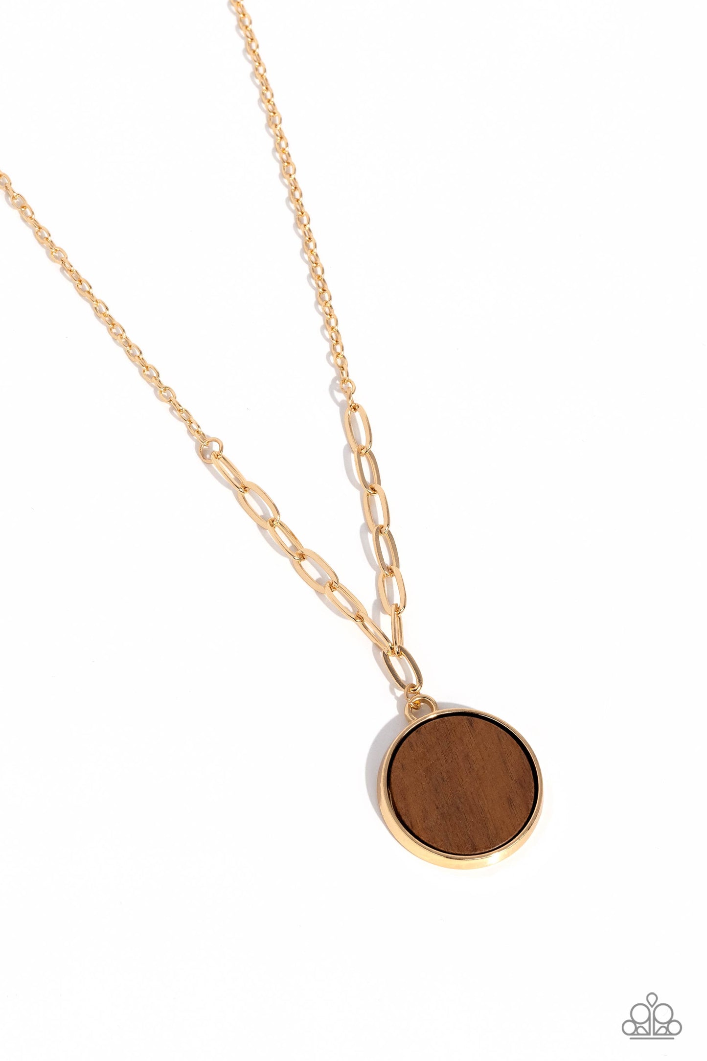 WOODnt Dream of It Gold Necklace - Paparazzi Accessories  A circular piece of wood is nestled inside a simple gold fitting along a mismatched gold chain, creating an earthy pendant below the collar. Features an adjustable clasp closure.  Sold as one individual necklace. Includes one pair of matching earrings.  New Kit Sku:  P2SE-GDXX-115XX