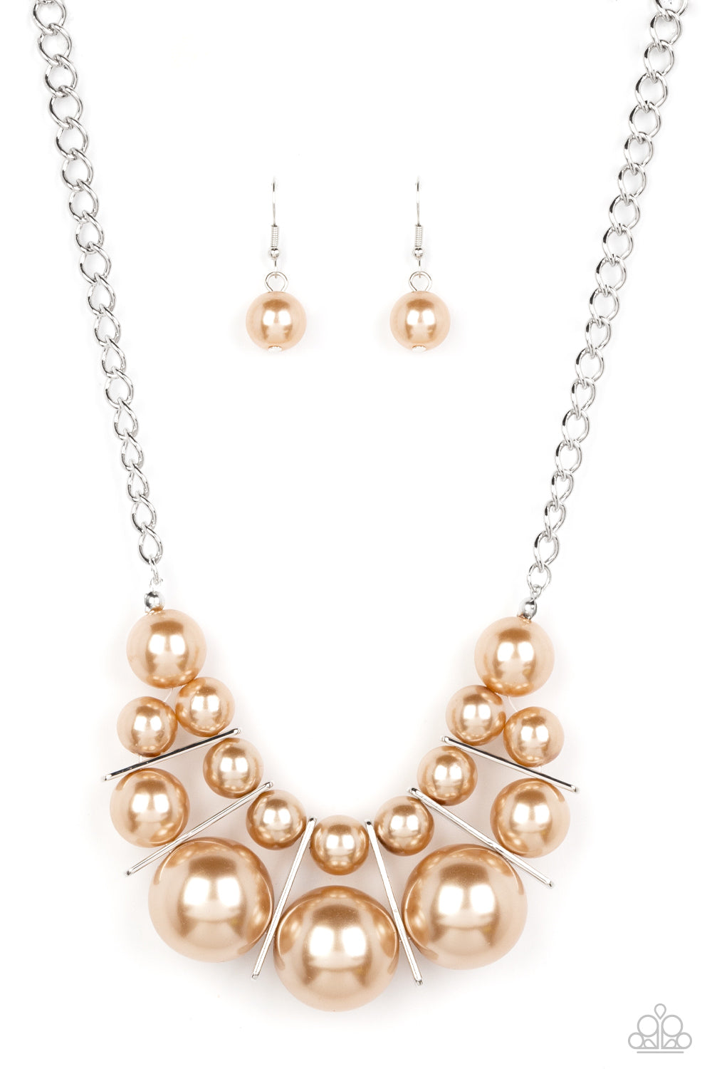 Challenge Accepted Brown Pearl Necklace - Paparazzi Accessories  Separated by rectangular silver frames, bubbly rows of classic and oversized brown pearls are threaded along invisible wires at the bottom of a chunky silver chain for an effervescent explosion below the collar. Features an adjustable clasp closure.  Sold as one individual necklace. Includes one pair of matching earrings.