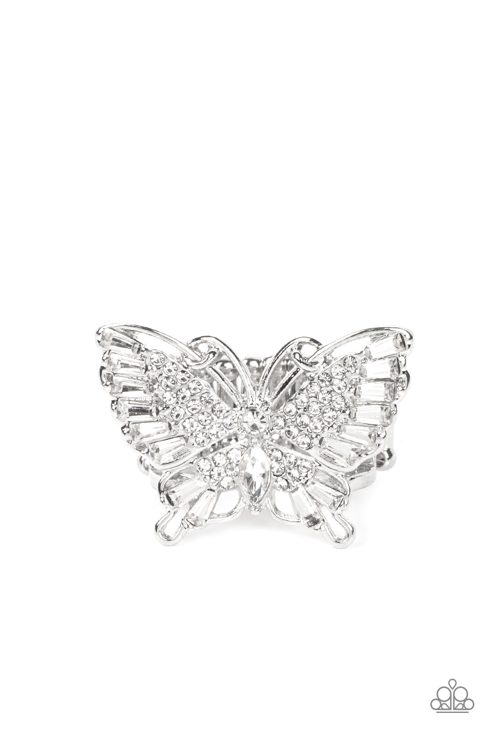 Fearless Flutter White Ring - Paparazzi Accessories  Sparkling with round, teardrop, and emerald cut white rhinestones, a silver butterfly fearlessly flutters atop the finger for a statement-making finish. Features a stretchy band for a flexible fit.  Sold as one individual ring.