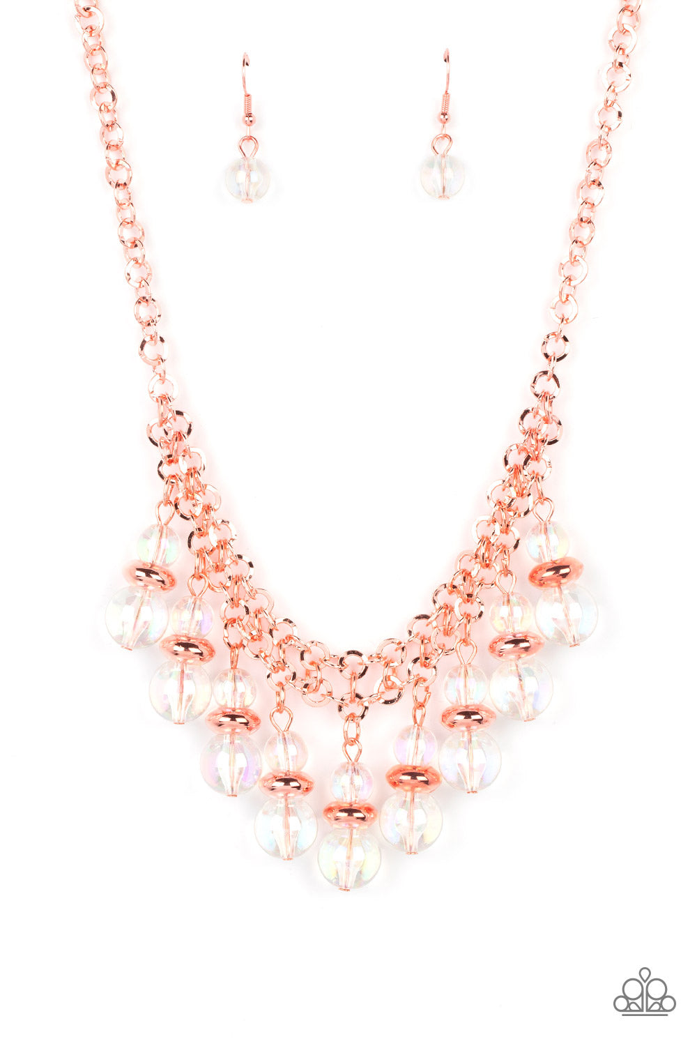 Deep Space Diva Copper Necklace - Paparazzi Accessories  Featuring a stellar iridescence, pairs of glassy beads are separated by shiny copper discs, trickling below the collar in an effervescent fringe. Features an adjustable clasp closure. Due to its prismatic palette, color may vary.  Sold as one individual necklace. Includes one pair of matching earrings.