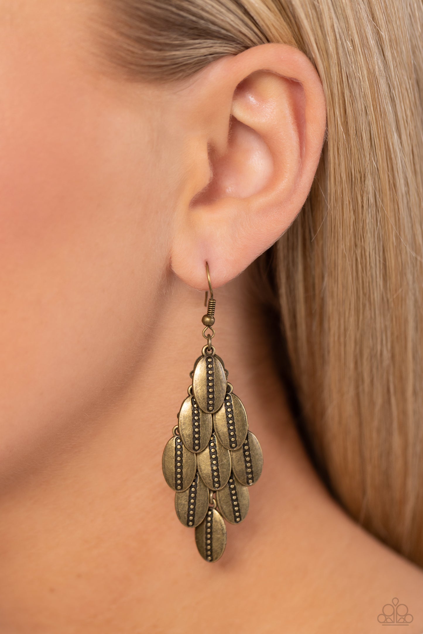Tumbleweed Trek Brass Earring - Paparazzi Accessories  Dainty brass studs are pressed down the centers of oval brass frames that cascade from a brass netted backdrop, resulting in a rustic chandelier. Earring attaches to a standard fishhook fitting.  Featured inside The Preview at Made for More! Sold as one pair of earrings.  P5ST-BRXX-017XX