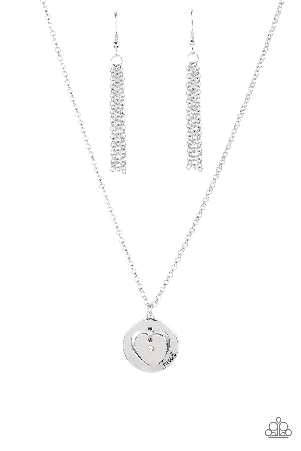 Heart Full of Faith White Necklace - Paparazzi Accessories  Dotted with a dainty white rhinestone, a silver heart charm swings freely inside of a heart-cutout silver frame. Stamped in the word, "Faith," the inspirational pendant falls just below the collar for a sentimental finish. Features an adjustable clasp closure.  Sold as one individual necklace. Includes one pair of matching earrings.