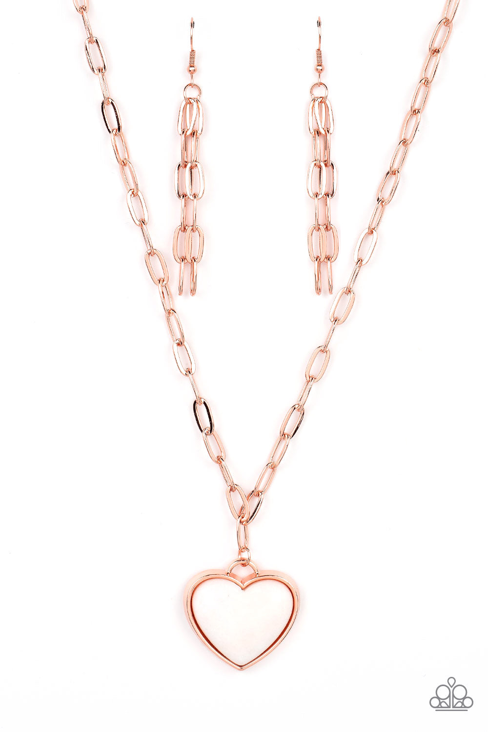 Everlasting Endearment Copper Necklace - Paparazzi Accessories  Chiseled into a charming heart, a quartz-like gemstone is pressed into the center of a shiny copper fitting at the bottom of a shiny copper chain for a sentimental statement. Features an adjustable clasp closure.  Sold as one individual necklace. Includes one pair of matching earrings.