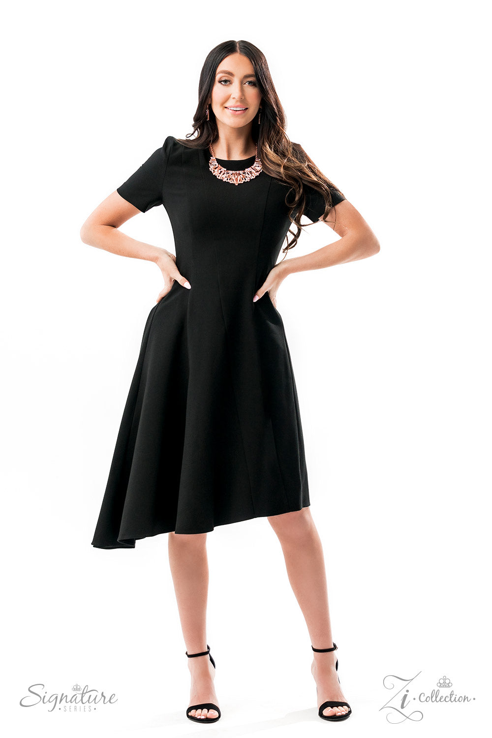 An infinite display of iridescent bars, shiny copper bars with a metallic and reflective finish, white rhinestones, rhinestones with peach-colored undertones, and shiny copper bars studded with dazzling white rhinestones meticulously join into three dramatically abstract shiny copper frames below the collar. Attached to classic shiny copper chains, the evocative display of dazzle demands attention. Features an adjustable clasp closure. Due to its prismatic palette, color may vary.