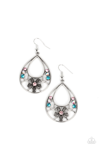 Meadow Marvel Multi Earring - Paparazzi Accessories  Dotted with dainty multicolored rhinestones, a fractured floral pattern blooms inside an airy teardrop frame for a whimsical fashion. Earring attaches to a standard fishhook fitting.  Sold as one pair of earrings.