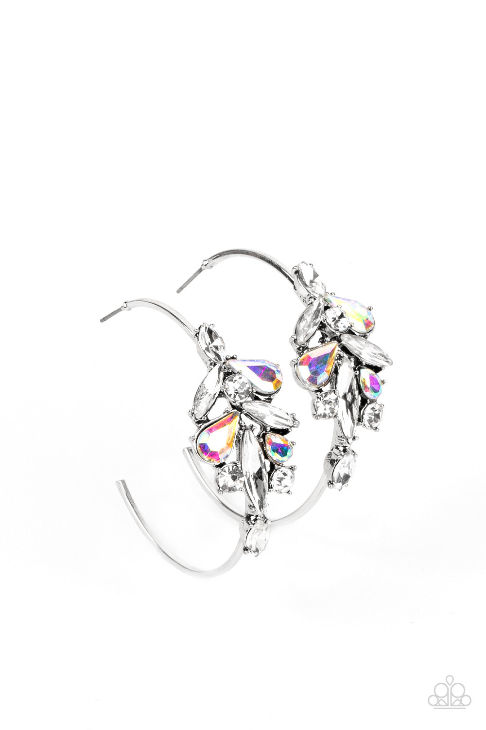 Arctic Attitude Multi Hoop Earring - Paparazzi Accessories  Featuring icy white and iridescent finishes, a fragmented cluster of teardrop, marquise, and round gems attach to a smooth silver hoop. Set in pronged fittings, the glittery gems create instant edge and attitude. Earring attaches to a standard post fitting. Hoop measures approximately 2" in diameter.  Sold as one pair of hoop earrings.