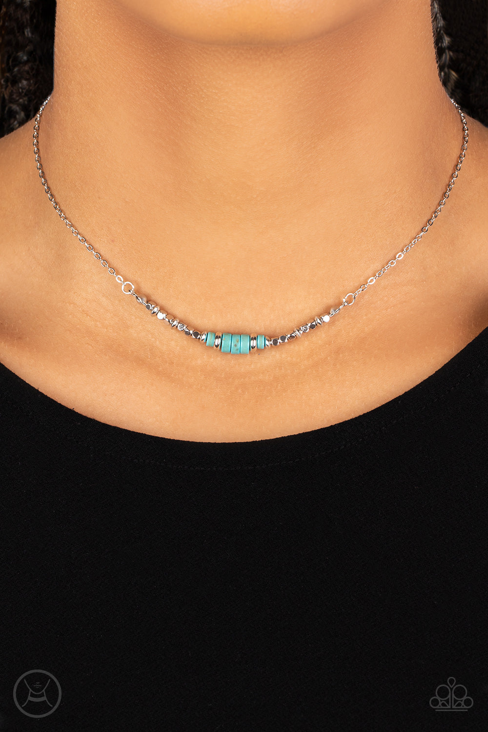 Retro Rejuvenation Blue Choker Necklace - Paparazzi Accessories  A trio of earthy turquoise stone discs is flanked by square silver beads threaded along a dainty silver chain, creating a harmonious display. Features an adjustable clasp closure.  Sold as one individual choker necklace. Includes one pair of matching earrings.