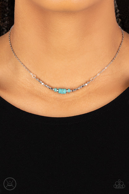 Retro Rejuvenation Blue Choker Necklace - Paparazzi Accessories  A trio of earthy turquoise stone discs is flanked by square silver beads threaded along a dainty silver chain, creating a harmonious display. Features an adjustable clasp closure.  Sold as one individual choker necklace. Includes one pair of matching earrings.