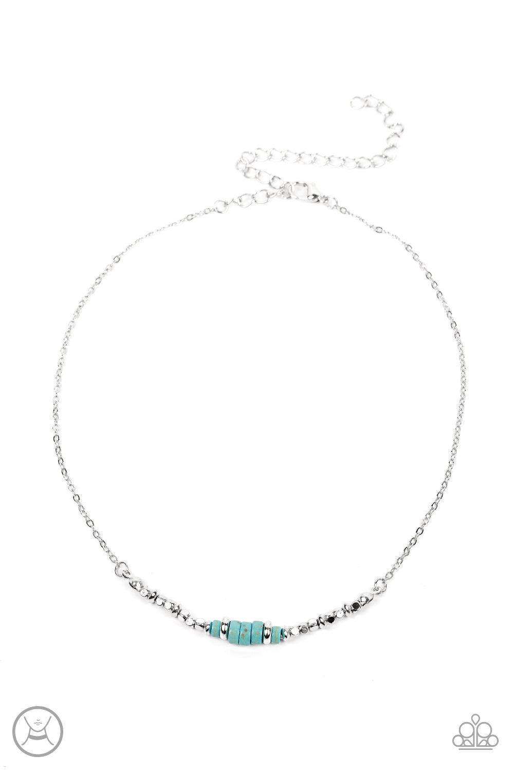 Retro Rejuvenation Blue Choker Necklace - Paparazzi Accessories  A trio of earthy turquoise stone discs is flanked by square silver beads threaded along a dainty silver chain, creating a harmonious display. Features an adjustable clasp closure.  Sold as one individual choker necklace. Includes one pair of matching earrings.
