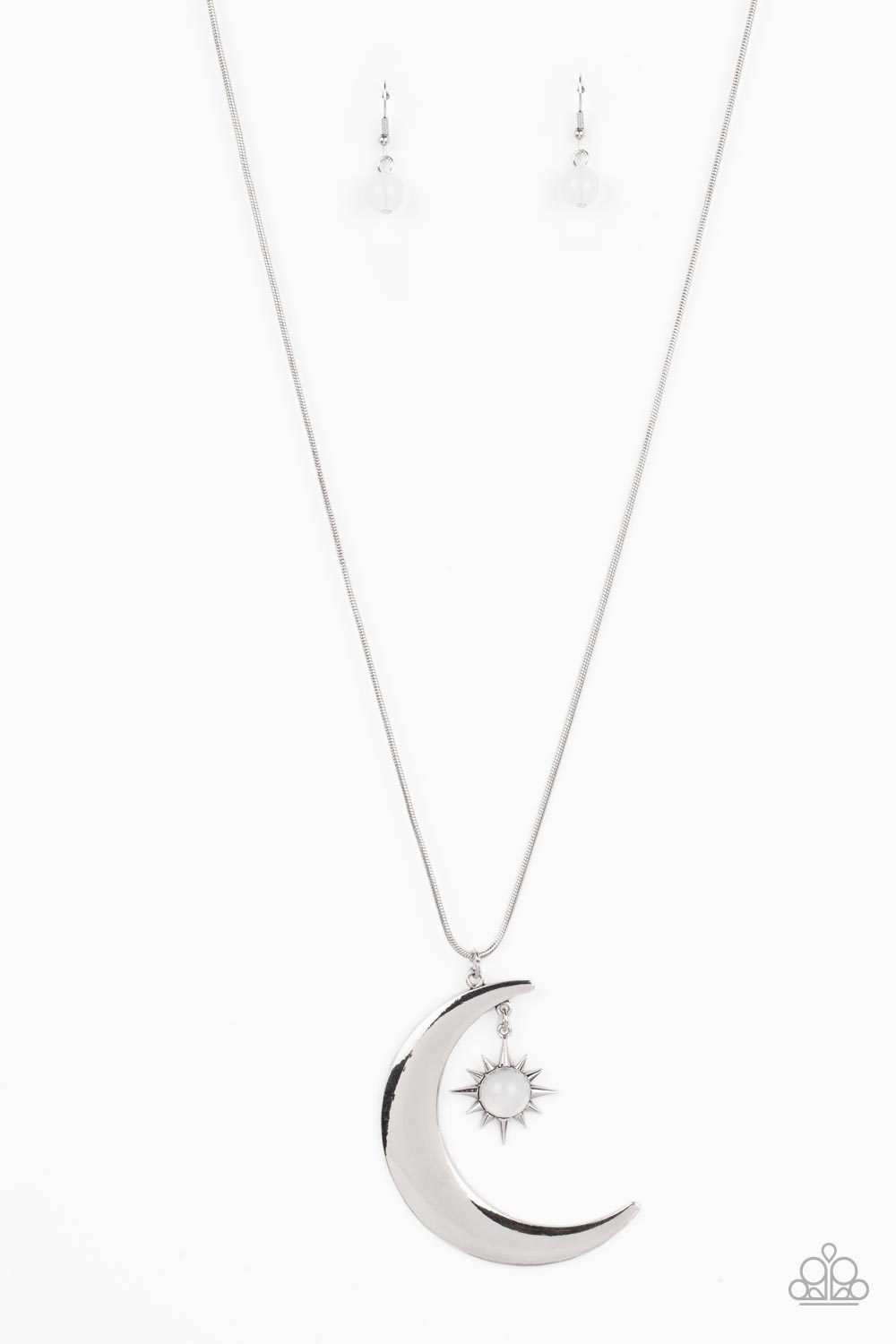 Astral Ascension White Necklace - Paparazzi Accessories  An opaque white bead is pressed into the center of a silver star that dances from the top of a silver half moon pendant, creating a celestial pendant at the bottom of a lengthened silver snake chain. Features an adjustable clasp closure.  Sold as one individual necklace. Includes one pair of matching earrings.