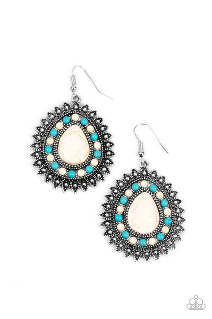Sagebrush Sabbatical White Earring - Paparazzi Accessories  Dainty turquoise and white stones encircle an oversized white teardrop stone atop a studded silver backdrop. Studded silver petals flare out from the teardrop frame, adding authentic texture to the seasonal centerpiece. Earring attaches to a standard fishhook fitting.  Featured inside The Preview at GLOW!  Sold as one pair of earrings.