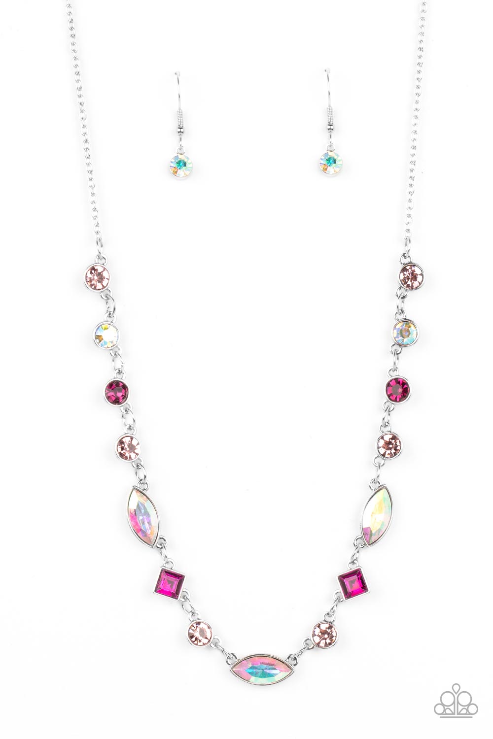 Irresistible HEIR-idescence Pink Necklace - Paparazzi Accessories  Varying in geometric shapes and shades of pink, glittery rose and fuchsia gems are sprinkled between iridescent rhinestone accents for a dreamy refined, and irresistible finish. Features an adjustable clasp closure. Due to its prismatic palette, color may vary.  Sold as one individual necklace. Includes one pair of matching earrings.