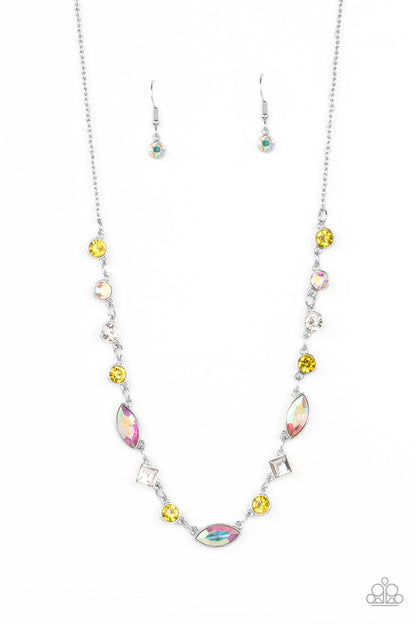 Irresistible HEIR-idescence Yellow Necklace - Paparazzi Accessories  Varying in geometric shapes and shades, Daffodil, iridescent, and white gems are sprinkled between iridescent rhinestone accents for a dreamy refined, and irresistible finish. Features an adjustable clasp closure. Due to its prismatic palette, color may vary.  Sold as one individual necklace. Includes one pair of matching earrings.