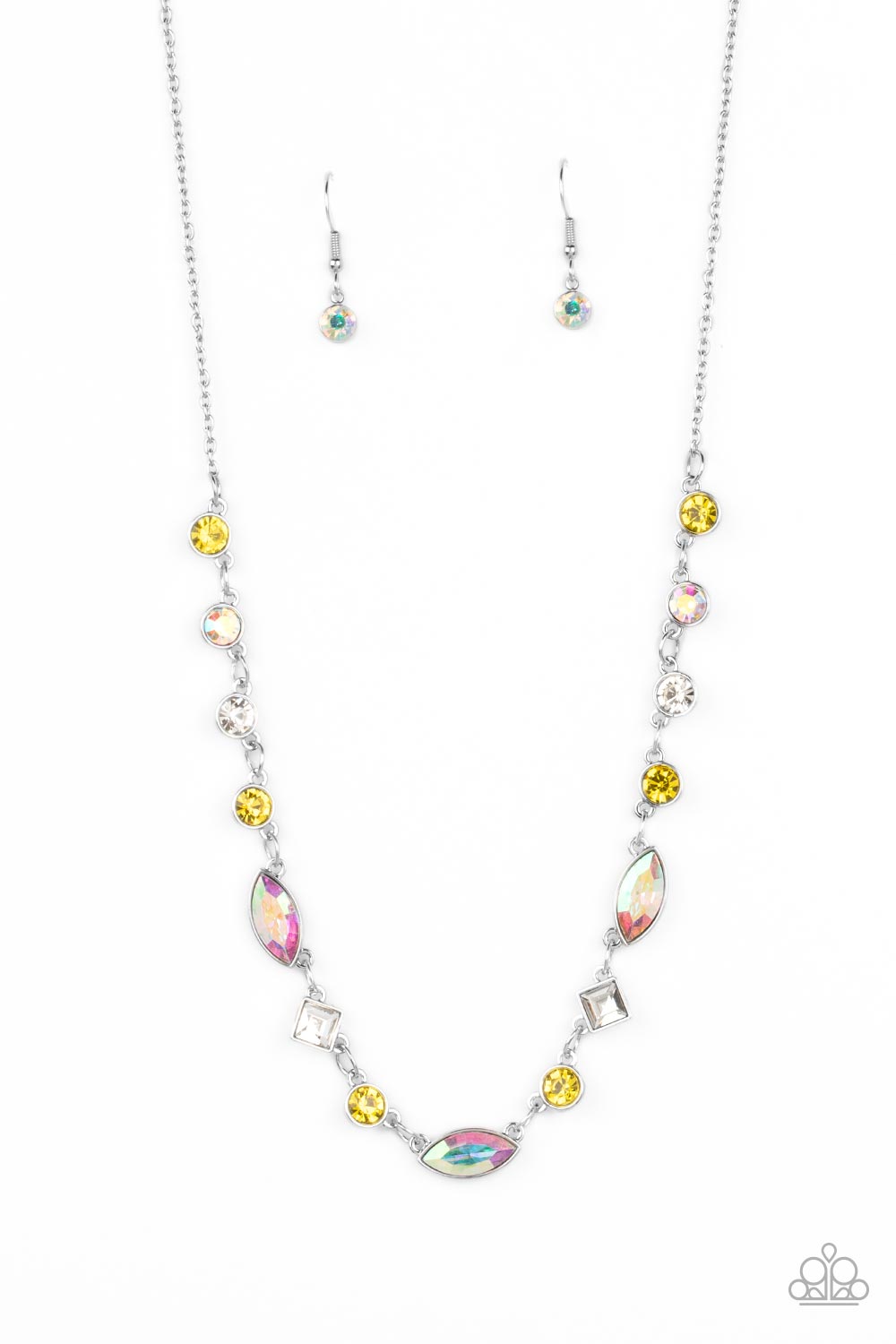 Irresistible HEIR-idescence Yellow Necklace - Paparazzi Accessories  Varying in geometric shapes and shades, Daffodil, iridescent, and white gems are sprinkled between iridescent rhinestone accents for a dreamy refined, and irresistible finish. Features an adjustable clasp closure. Due to its prismatic palette, color may vary.  Sold as one individual necklace. Includes one pair of matching earrings.