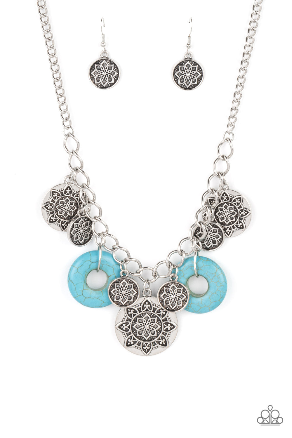 Western Zen Turquoise Necklace - Paparazzi Accessories  A collection of silver discs, embellished with intricate mandala-like designs, dances along a thick silver chain, with a pair of polished turquoise stone rings adding a pop of color to the rustic design. Features an adjustable clasp closure.  Sold as one individual necklace. Includes one pair of matching earrings.