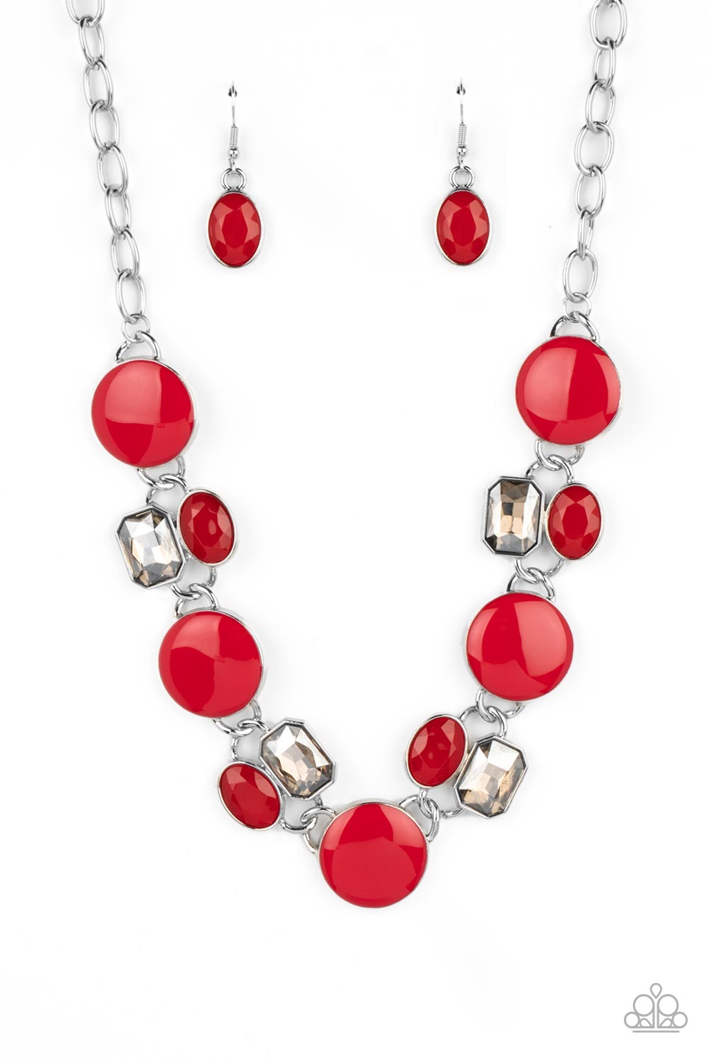 Dreaming in MULTICOLOR Red Necklace - Paparazzi Accessories  Sparkling smoky gems combine with red beads and alternate across the collar with oversized discs painted in red enamel. The whimsically modern collection connects to a silver chain resulting in a charismatic display below the collar. Features an adjustable clasp closure.  Sold as one individual necklace. Includes one pair of matching earrings.
