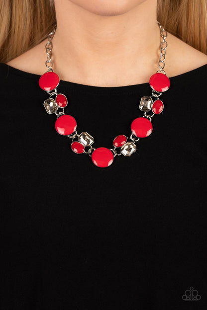 Dreaming in MULTICOLOR Red Necklace - Paparazzi Accessories  Sparkling smoky gems combine with red beads and alternate across the collar with oversized discs painted in red enamel. The whimsically modern collection connects to a silver chain resulting in a charismatic display below the collar. Features an adjustable clasp closure.  Sold as one individual necklace. Includes one pair of matching earrings.