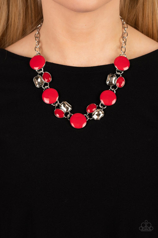 Dreaming in MULTICOLOR Red Necklace - Paparazzi Accessories  Sparkling smoky gems combine with red beads and alternate across the collar with oversized discs painted in red enamel. The whimsically modern collection connects to a silver chain resulting in a charismatic display below the collar. Features an adjustable clasp closure.  Sold as one individual necklace. Includes one pair of matching earrings.