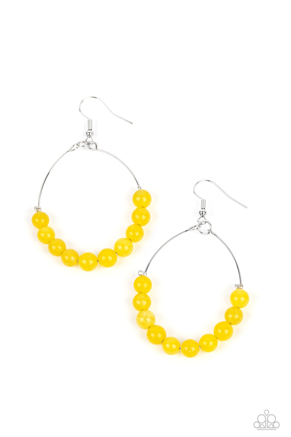 Catch a Breeze Yellow Earring - Paparazzi Accessories  Yellow stones are threaded along dangling silver hoops, evoking a trendy laidback design. Earring attaches to a standard fishhook fitting.  Featured inside The Preview at GLOW!  Sold as one pair of earrings.