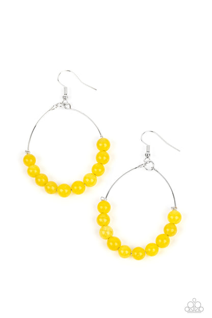 Catch a Breeze Yellow Earring - Paparazzi Accessories  Yellow stones are threaded along dangling silver hoops, evoking a trendy laidback design. Earring attaches to a standard fishhook fitting.  Featured inside The Preview at GLOW!  Sold as one pair of earrings.