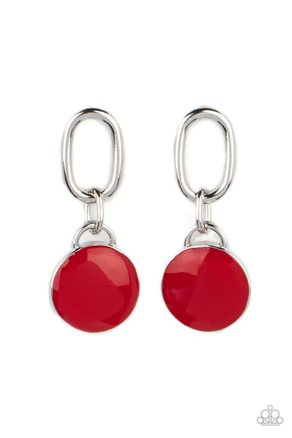 Drop a TINT Red Earring - Paparazzi Accessories  A disc painted in true red enamel is set in a simple silver frame, where it sways from the bottom of an oblong silver link to create a charming modern lure. Earring attaches to a standard post fitting.  Sold as one pair of post earrings.