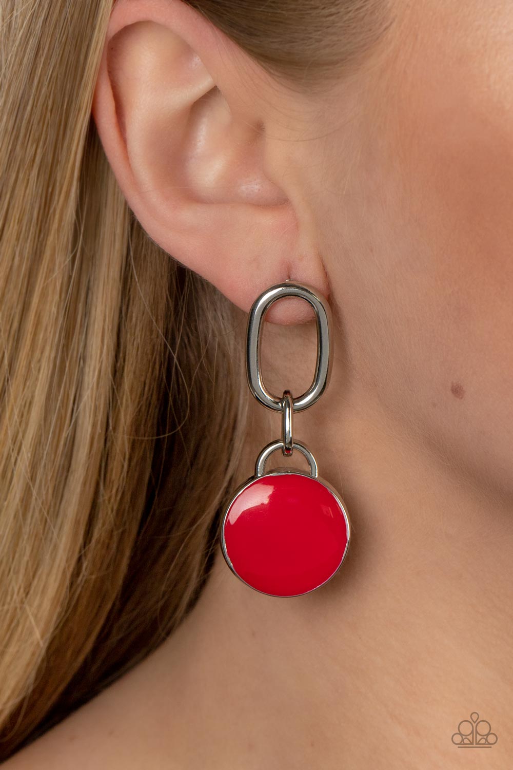Drop a TINT Red Earring - Paparazzi Accessories  A disc painted in true red enamel is set in a simple silver frame, where it sways from the bottom of an oblong silver link to create a charming modern lure. Earring attaches to a standard post fitting.  Sold as one pair of post earrings.