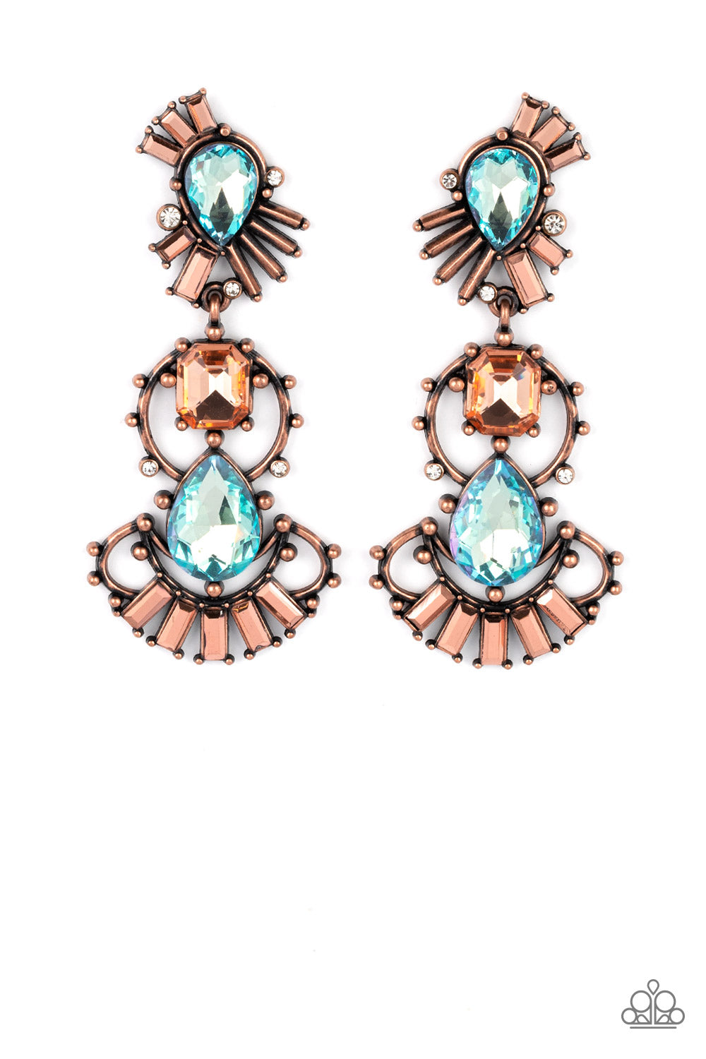 Ultra Universal Copper Earring - Paparazzi Accessories  A cosmic collision of iridescent blue teardrop gems and a solitaire topaz emerald cut rhinestone haphazardly adorns studded copper frames. Dotted in round white and emerald cut aurum rhinestone accents, the abstract frames stack into a stellar lure. Earring attaches to a standard post fitting. Due to its prismatic palette, color may vary.  Sold as one pair of post earrings.