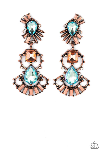 Ultra Universal Copper Earring - Paparazzi Accessories  A cosmic collision of iridescent blue teardrop gems and a solitaire topaz emerald cut rhinestone haphazardly adorns studded copper frames. Dotted in round white and emerald cut aurum rhinestone accents, the abstract frames stack into a stellar lure. Earring attaches to a standard post fitting. Due to its prismatic palette, color may vary.  Sold as one pair of post earrings.