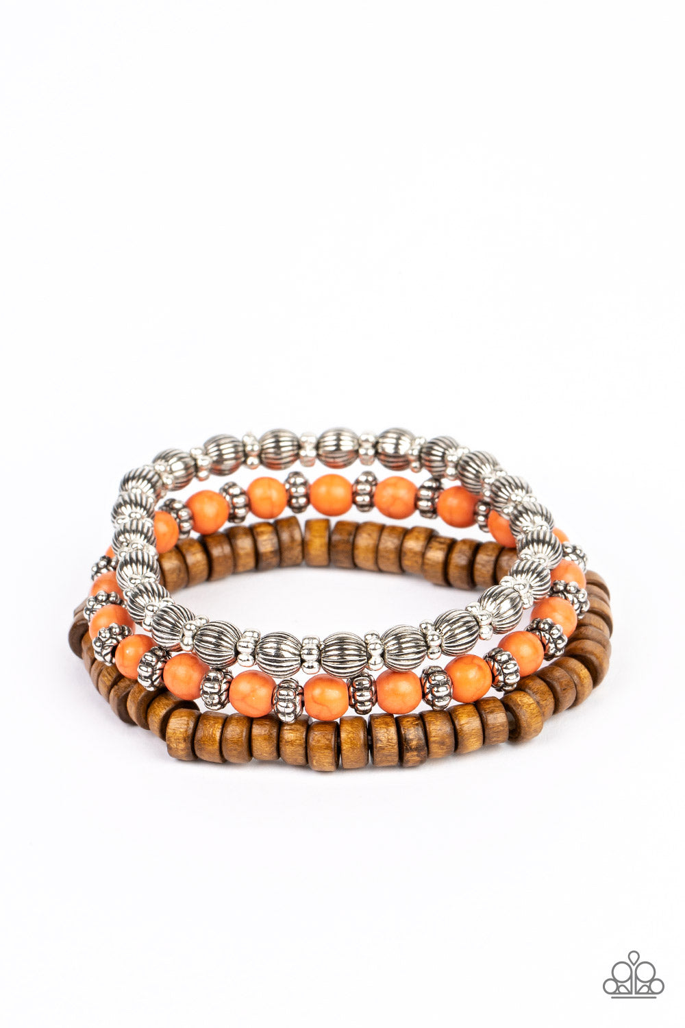 ESCAPADE Route Orange Bracelet - Paparazzi Accessories  Vivacious orange stone beads, wooden beads, and antiqued silver beads are threaded along elastic stretchy bands. Sprinkled between the colorful beads are dainty silver-studded flower beads for a whimsical finish.  Sold as one set of three bracelets.