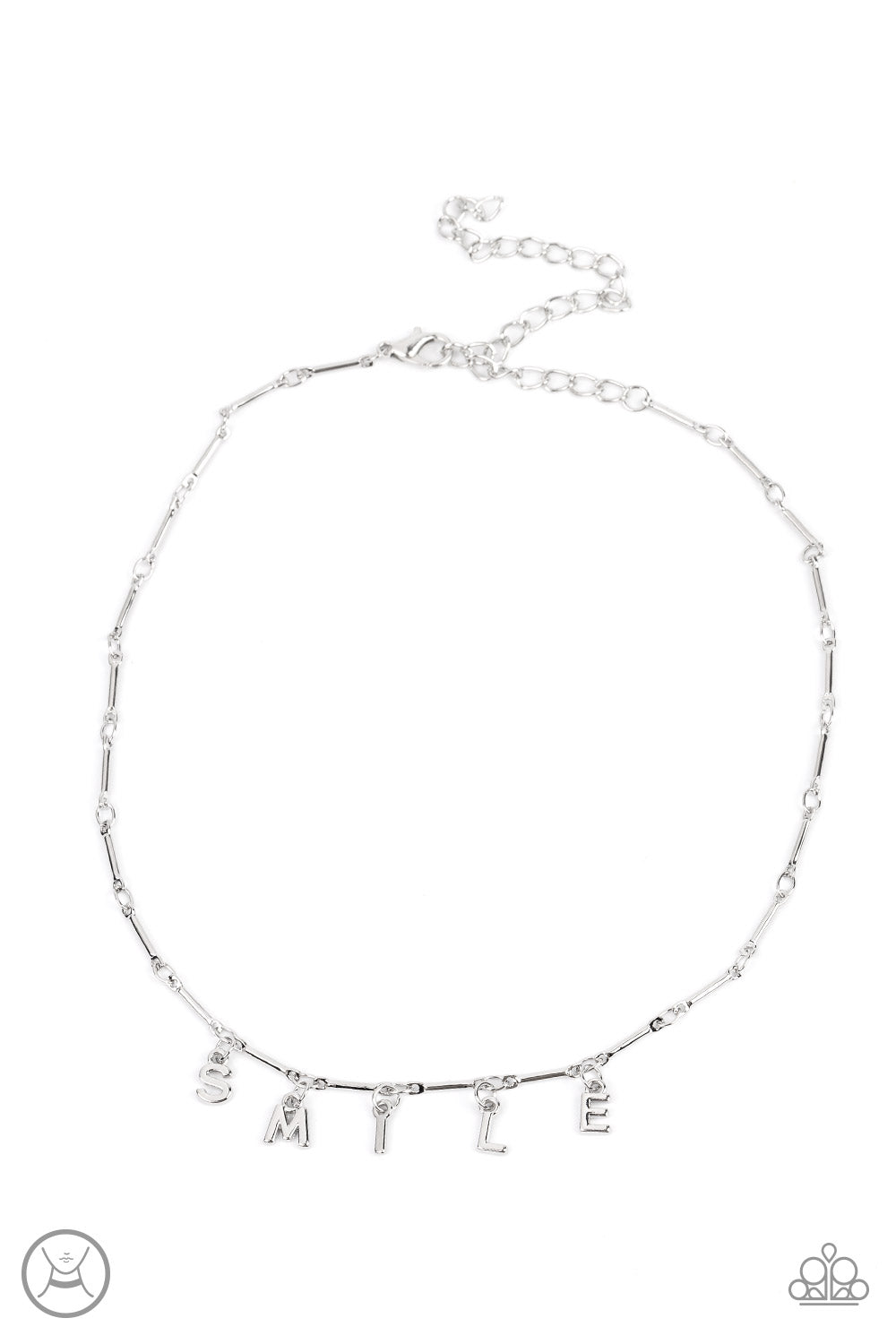 Say My Name Silver Choker Necklace - Paparazzi Accessories  Separated by dainty silver rods, silver letters spell out the word SMILE in a soft, and simple manner. Features an adjustable clasp closure.  Sold as one individual choker necklace. Includes one pair of matching earrings.