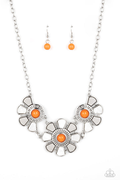 Aquatic Garden Orange Necklace - Paparazzi Accessories Item #P2ST-OGXX-106XX Dotted with orange bead centers, silver and white shell-like petals fan out from an airy metal frame. The trio of whimsically industrial flowers connects to a conventional silver chain below the collar resulting in an unabashedly metropolitan display. Features an adjustable clasp closure.  Sold as one individual necklace. Includes one pair of matching earrings.