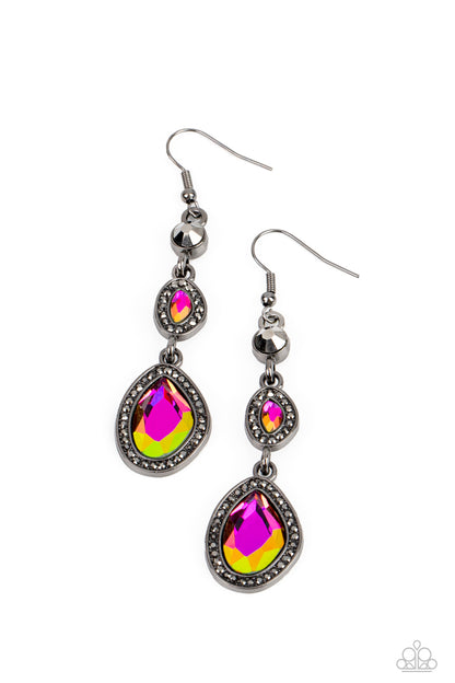 Dripping Self-Confidence Multi Oil Spill Earring - Paparazzi Accessories  Bordered in gunmetal frames dotted with tiny flecks of hematite rhinestones, a pair of asymmetrical gems with an oil-spill finish delicately link into a spellbinding sparkle around the ear. Earring attaches to a standard fishhook fitting.  Sold as one pair of earrings.