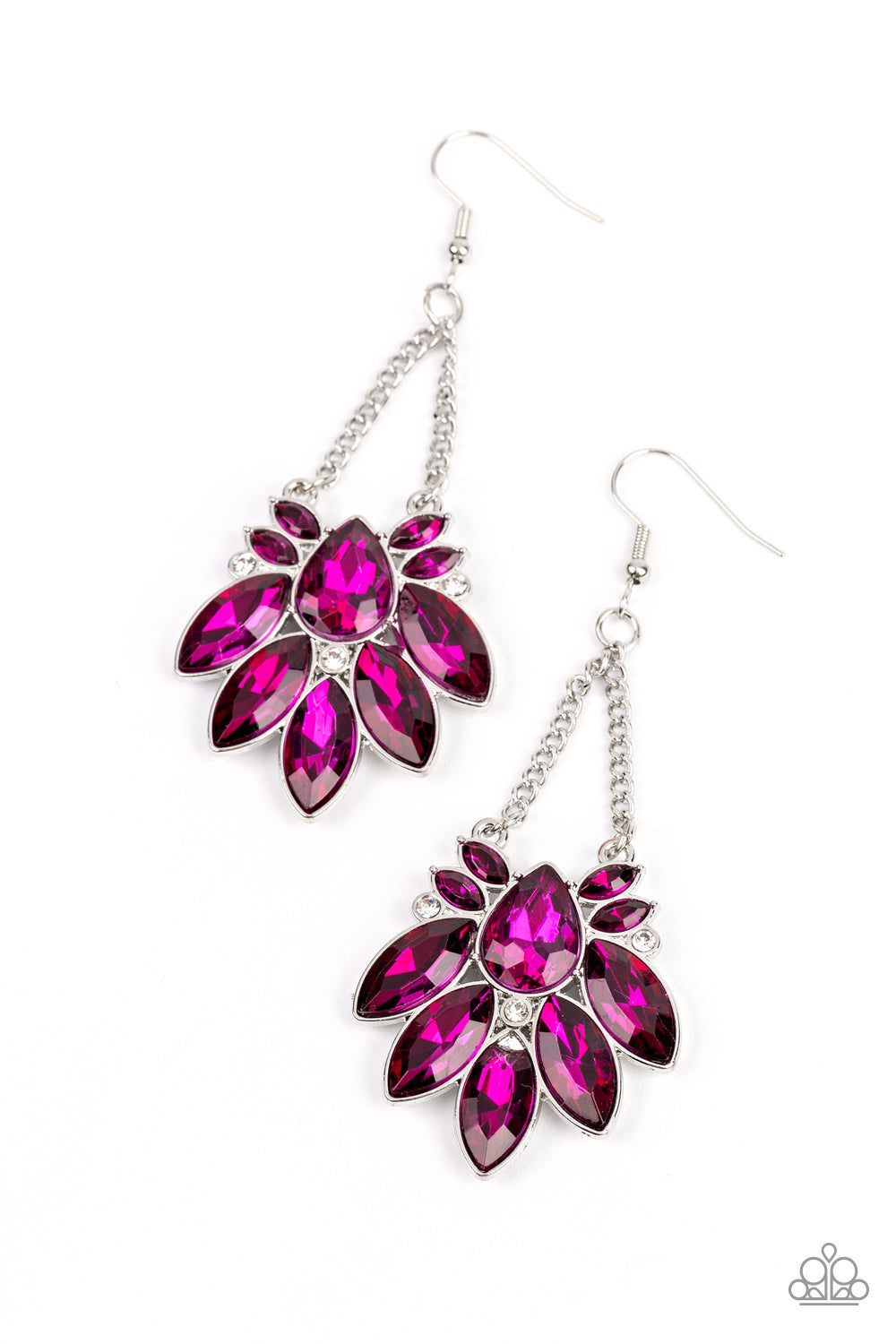 Prismatic Pageantry Pink Rhinestone Earring - Paparazzi Accessories  An explosion of marquise-cut rhinestones in a deep shade of pink fan out from a faceted teardrop gem in the same shade. Tiny white rhinestones are sprinkled between the pink gems, adding a hint of sparkle as the design is suspended from a pair of silver chains. Earring attaches to a standard fishhook fitting.  Sold as one pair of earrings.