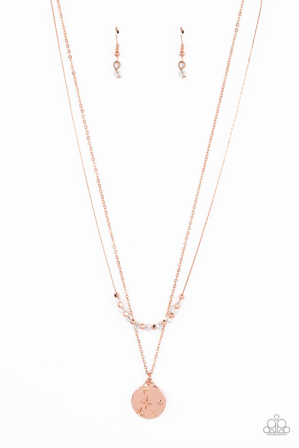 Stunning Supernova Copper Necklace - Paparazzi Accessories  Dotted with a single shiny copper stud, a star-stamped shiny copper disc glistens at the bottom of a classic shiny copper chain. Infused with faceted copper beads, a stellar collection of clear crystal-like beads glides along a flat copper chain, resulting in out-of-this-world layers below the collar. Features an adjustable clasp closure.  Sold as one individual necklace. Includes one pair of matching earrings.