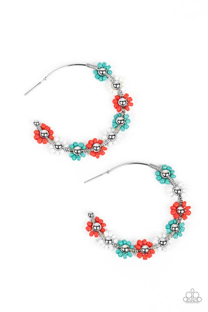 Growth Spurt Red Flower Earring - Paparazzi Accessories  Adorned with shiny silver beaded centers, a dainty collection of white, turquoise, and red Branch seed beaded rings create earthy flower accents along a classic silver hoop for a grounding floral display. Earring attaches to a standard post fitting. Hoop measures approximately 1 1/2" in diameter.  Sold as one pair of hoop earrings.