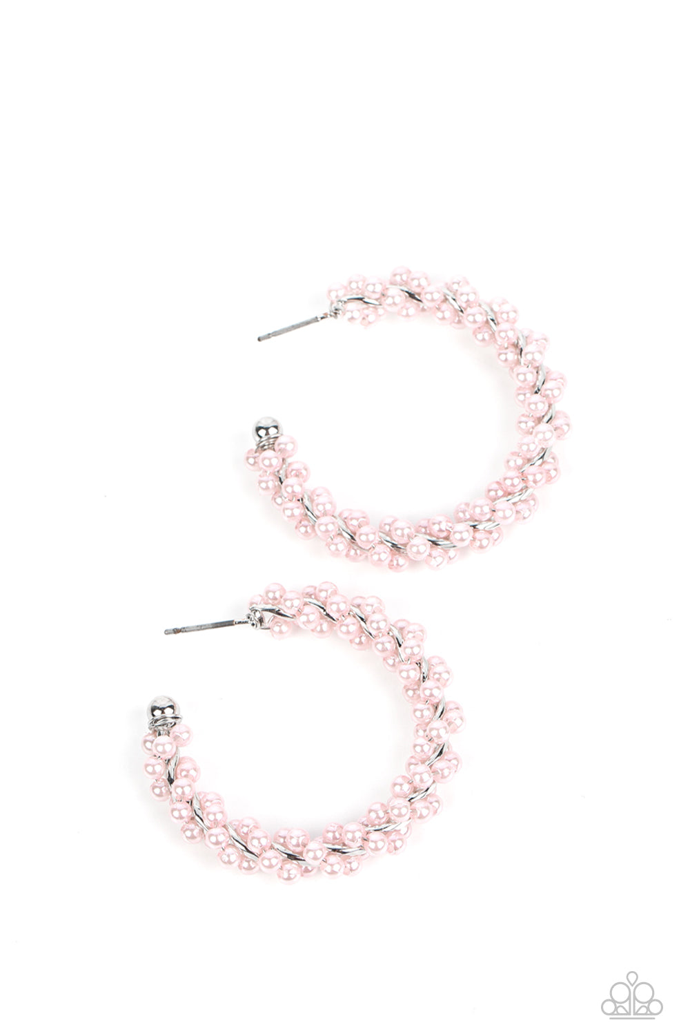 Yacht Royale Pink Pearl Hoop Earring - Paparazzi Accessories  A dainty strand of baby pink pearls is delicately wrapped around a classic silver hoop, creating bubbly refinement. Earring attaches to a standard post fitting. Hoop measures approximately 1 1/2" in diameter.  Sold as one pair of hoop earrings.  P5HO-PKXX-045XX