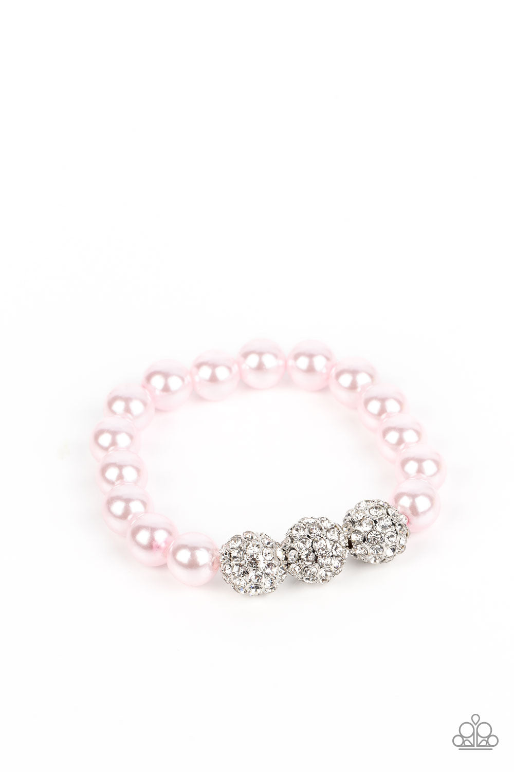 Breathtaking Ball Pink Pearl Bracelet - Paparazzi Accessories  A trio of silver beads encrusted in rhinestones is centered along a strand of classic baby pink pearls. The beads are threaded along a stretchy band, wrapping around the wrist in a refined finish.  Sold as one individual bracelet.  P9RE-PKXX-286XX