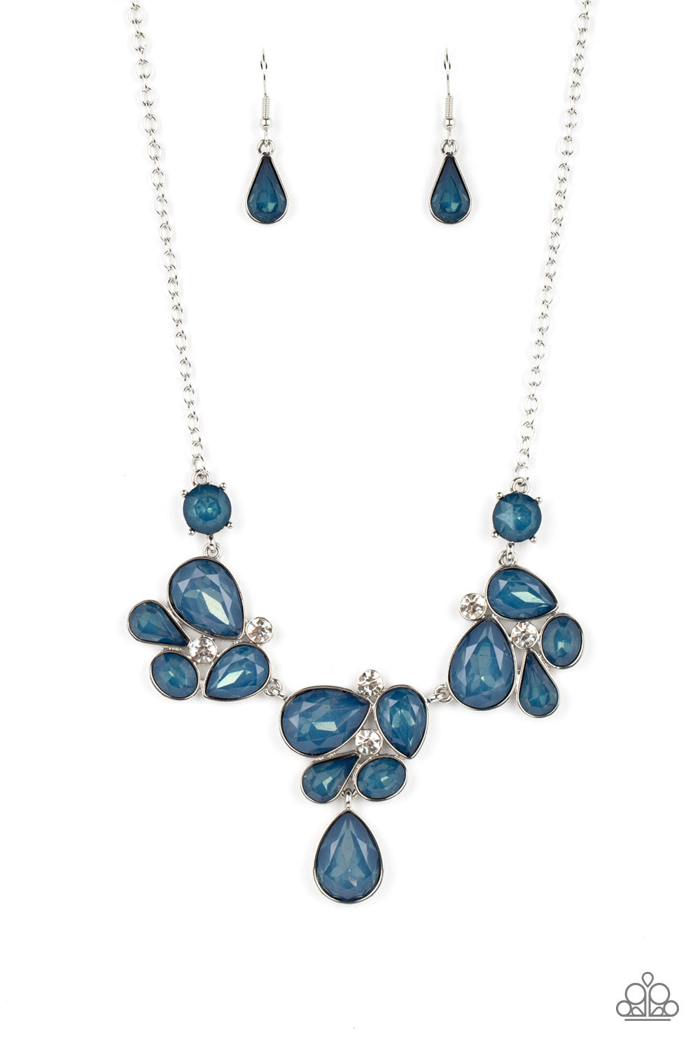 Everglade Escape Blue Necklace - Paparazzi Accessories  Draped elegantly across the chest, clusters of geometric blue gems, brushed in the fall Pantone® of Midnight, gather around sparkling white rhinestones, creating a bright and beautiful pattern. Features an adjustable clasp closure.  Sold as one individual necklace. Includes one pair of matching earrings.