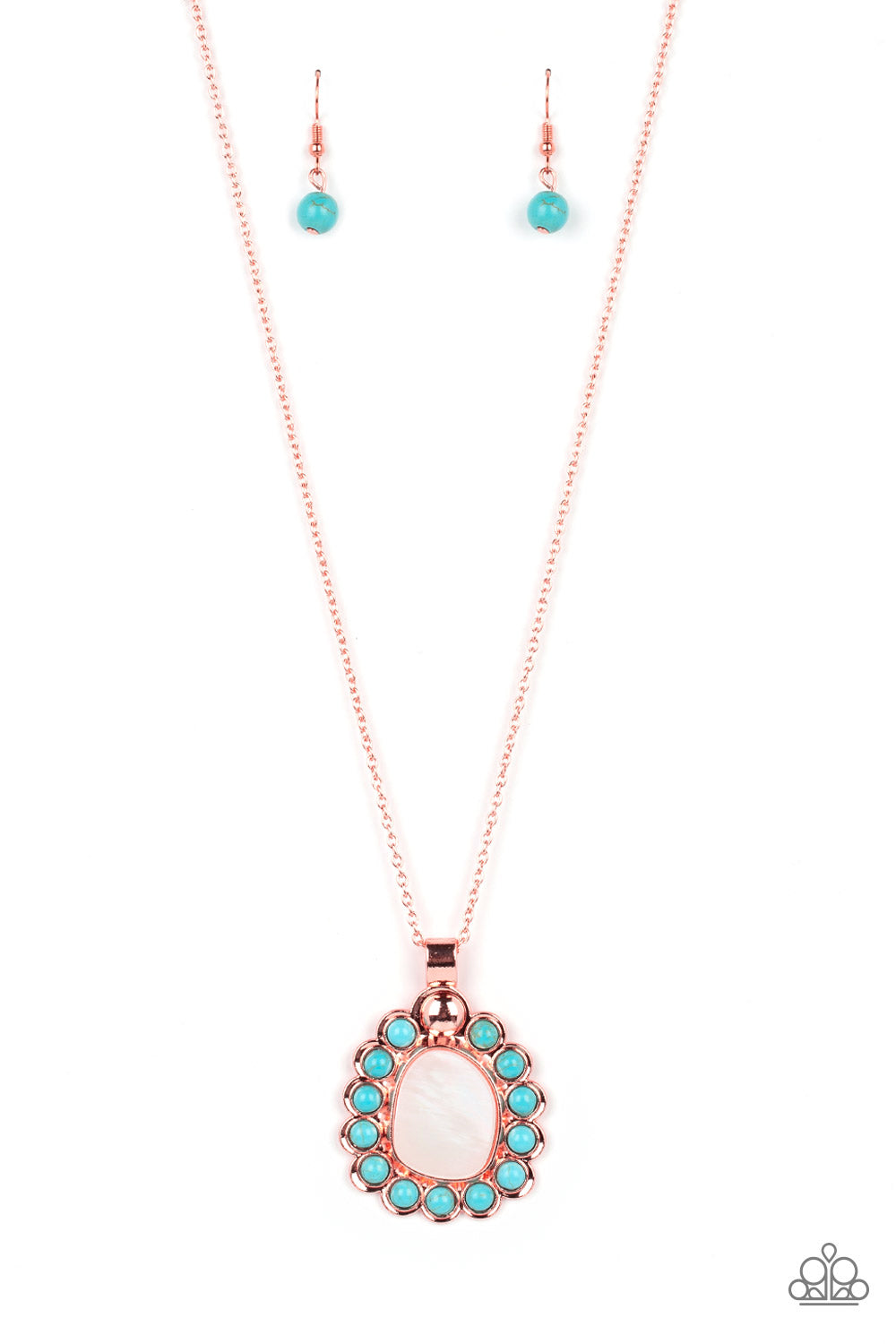 Sahara Sea Copper Necklace - Paparazzi Accessories  Dangling from a shiny copper chain, an asymmetrical white shell with an opal finish is encircled by a turquoise stone-studded frame, creating a seasonal Southwestern pattern. As the stone elements in this piece are natural, some color variation is normal. Features an adjustable clasp closure.  Sold as one individual necklace. Includes one pair of matching earrings.