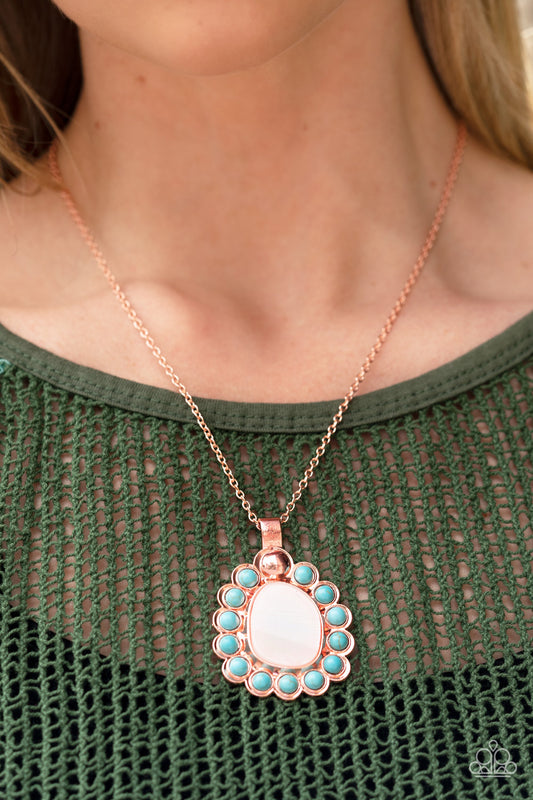Sahara Sea Copper Necklace - Paparazzi Accessories  Dangling from a shiny copper chain, an asymmetrical white shell with an opal finish is encircled by a turquoise stone-studded frame, creating a seasonal Southwestern pattern. As the stone elements in this piece are natural, some color variation is normal. Features an adjustable clasp closure.  Sold as one individual necklace. Includes one pair of matching earrings.