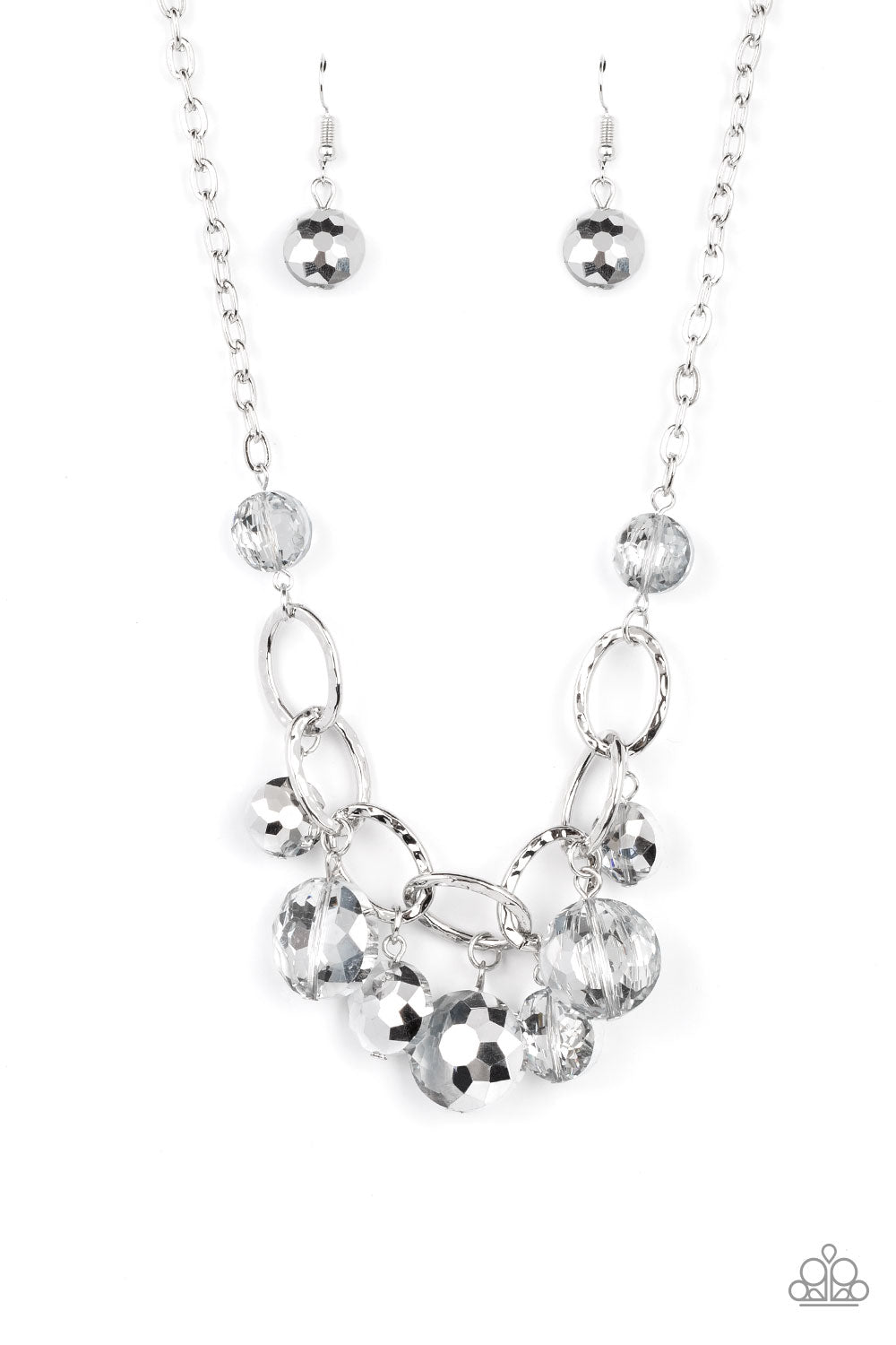 Rhinestone River Silver Necklace - Paparazzi Accessories  A collection of round, glassy silver beads in varying sizes swirl around shiny silver oval links hammered in texture. The beveled shape and faceted surfaces of the beads are brushed in a subtle reflective glaze, creating a dreamy display as they drip below the collar. Features an adjustable clasp closure.  Sold as one individual necklace. Includes one pair of matching earrings.
