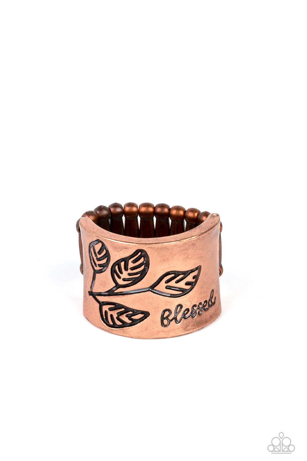 Blessed with Bling Copper Ring - Paparazzi Accessories  A thick band of copper is etched with a dainty leaf motif as the edges flare slightly to create a subtle curve. The word "blessed" is stamped at the bottom in an inspirational finish. Features a stretchy band for a flexible fit.  Sold as one individual ring.