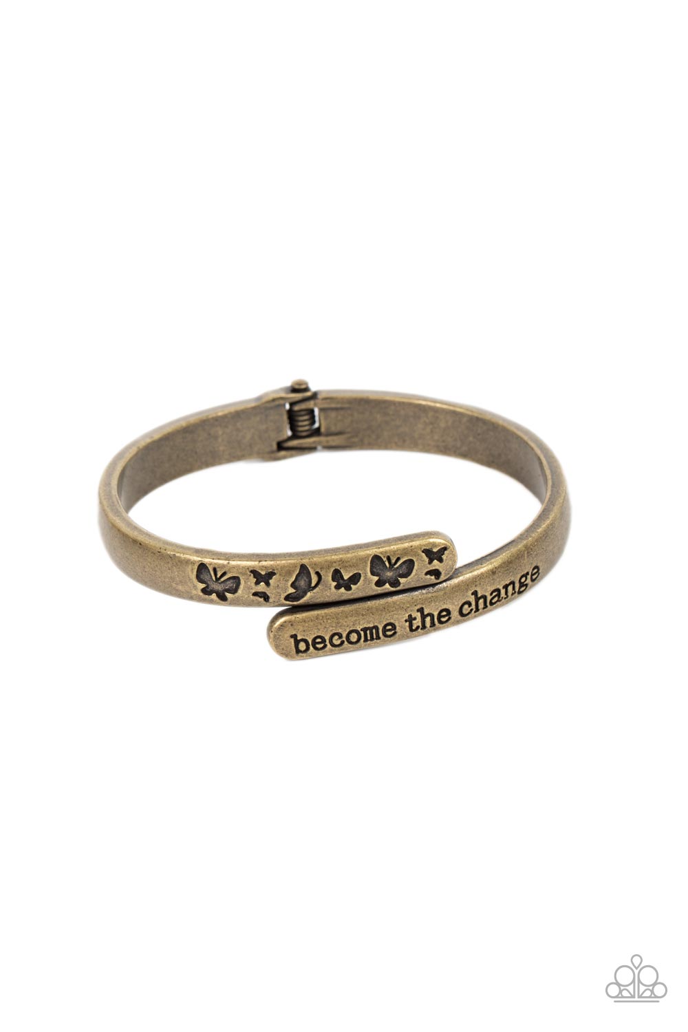 WINGS of Change Brass Hinge Bracelet - Paparazzi Accessories  Antiqued brass bars curve and overlap around the wrist, creating a stacked design. One brass bar is stamped with the phrase, "become the change," while the other features engraved butterfly silhouettes in an inspiring finish. Features a hinged closure.  Sold as one individual bracelet.