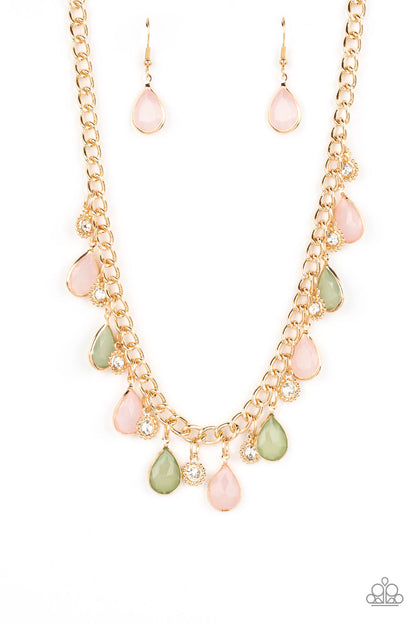 Frosted and Framed Multi Necklace- Paparazzi Accessories ﻿  A thick gold chain is decorated in faceted Loden Frost and baby pink teardrops wrapped in gold frames. The opacity of the beads adds a dreamy feel to the design, while tiny gold accents dotted with white rhinestone centers add a hint of shimmer. Features an adjustable clasp closure.  Sold as one individual necklace. Includes one pair of matching earrings.