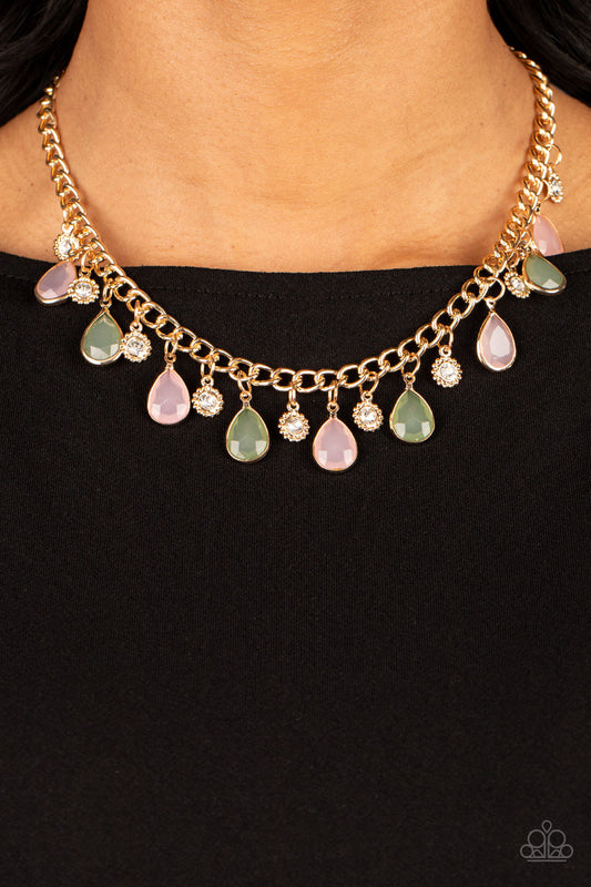 Frosted and Framed Multi Necklace- Paparazzi Accessories ﻿  A thick gold chain is decorated in faceted Loden Frost and baby pink teardrops wrapped in gold frames. The opacity of the beads adds a dreamy feel to the design, while tiny gold accents dotted with white rhinestone centers add a hint of shimmer. Features an adjustable clasp closure.  Sold as one individual necklace. Includes one pair of matching earrings.